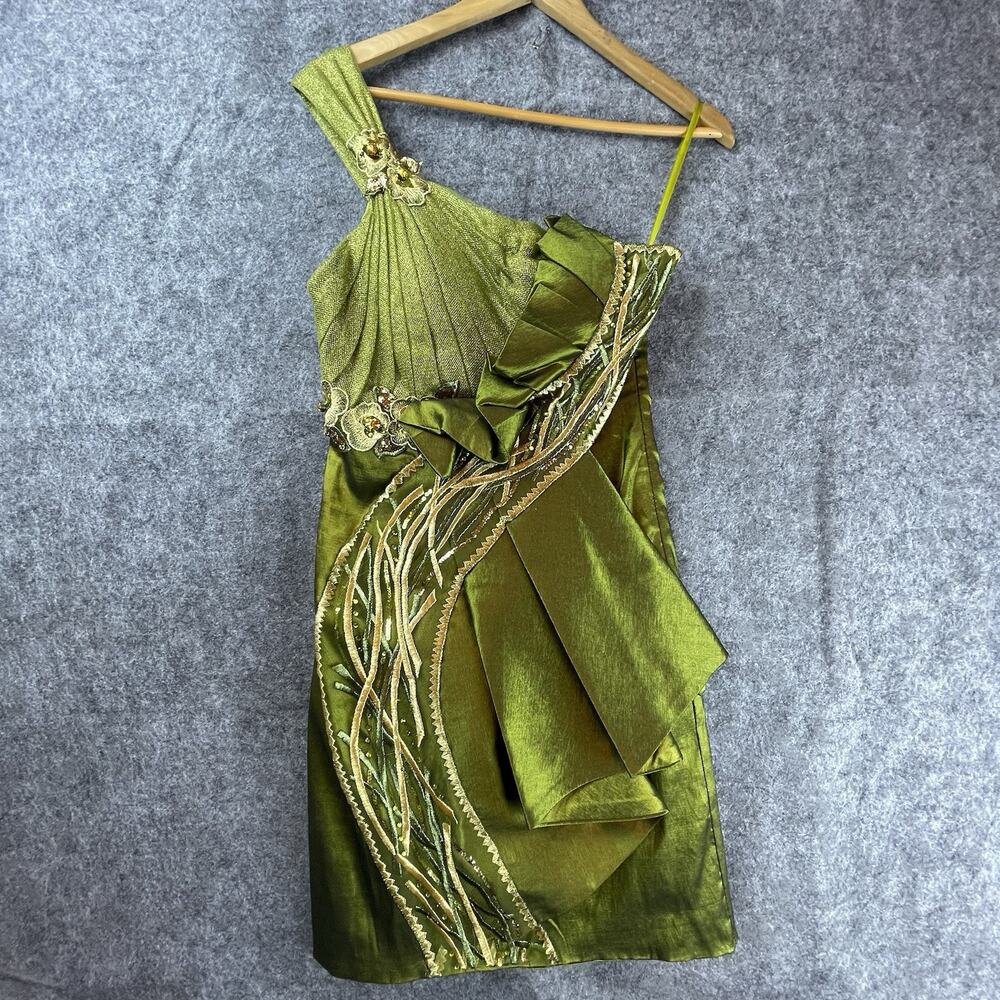 Aspeed Dress 8 Green Rhinestone Sparkle One Shoulder Ruffle Art To Wear Formal